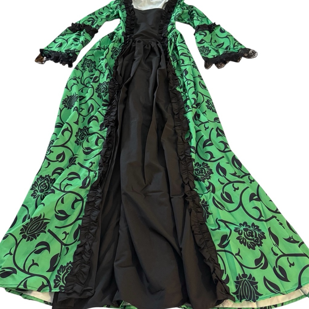 Victorian Rococo Green and Black Floral Gown XS